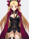  1girl akatsuki_ikki arms_behind_back asymmetrical_legwear asymmetrical_sleeves bangs between_breasts black_legwear black_leotard blonde_hair blush bow breasts cape detached_collar earrings ereshkigal_(fate/grand_order) fate/grand_order fate_(series) flying_sweatdrops gold_trim hair_bow infinity jewelry leotard long_hair looking_at_viewer medium_breasts open_mouth parted_bangs red_bow red_cape red_eyes simple_background single_sleeve single_thighhigh skull solo spine thighhighs thighs tiara two_side_up white_background 