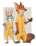  2019 anthro barefoot border buckteeth canid canine clothed clothing disney duo fox fully_clothed fur gloves_(marking) grey_body grey_fur handcuffed hi_res judy_hopps jumpsuit lagomorph leporid mammal markings nick_wilde orange_body orange_fur pink_nose rabbit red_fox smile standing teeth tommysamash white_border zootopia 