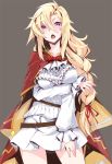  1girl blonde_hair breasts capelet chateau_gaillard_(oshiro_project) fang grey_background hair_between_eyes large_breasts long_hair looking_at_viewer nayutarou_(nyt_kag) open_mouth oshiro_project oshiro_project_re purple_eyes red_capelet simple_background solo 