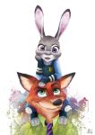  2016 alexaasen ambiguous_gender anthro black_nose canid canine carrying clothed clothing dipstick_ears disney duo fox fully_clothed fur green_ears grey_body grey_fur inner_ear_fluff judy_hopps lagomorph leporid looking_at_viewer mammal multicolored_ears necktie nick_wilde on_shoulders open_mouth open_smile orange_body orange_fur police_uniform rabbit red_fox shirt smile topwear tuft uniform zootopia 