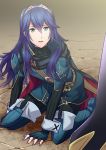  1girl ameno_(a_meno0) bangs black_pants black_sweater blue_eyes blue_footwear blue_gloves blue_hair boots eyebrows_visible_through_hair fingerless_gloves fire_emblem fire_emblem_awakening gloves hair_between_eyes hairband kneeling long_hair long_sleeves lucina_(fire_emblem) open_mouth pants shiny shiny_hair solo sweater thigh_boots thighhighs turtleneck turtleneck_sweater very_long_hair 