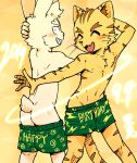  blush butt clothed clothing dancing dark_ishihara domestic_cat duo felid feline felis hi_res lagomorph leporid male mammal pants_down partially_clothed rabbit topless v-cut young 