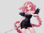  1girl bangs bare_shoulders black_dress breasts collarbone commentary dress eyebrows_visible_through_hair heterochromia highres holding holding_sword holding_weapon horns long_braid long_hair looking_at_viewer medium_breasts pink_blood pink_eyes pink_hair purple_eyes shama_(vocaloid) slaon55 sleeveless sleeveless_dress strapless strapless_dress sword very_long_hair weapon 