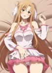  1girl ass_visible_through_thighs asuna_(sao) bare_shoulders bed brown_eyes brown_hair collarbone commentary_request cowboy_shot dress hera_(hara0742) highres long_hair looking_at_viewer lying panties pantyshot solo sweat sword_art_online sword_art_online_alicization underwear white_dress white_panties 