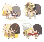  2girls :d bang_dream! bangs big_head black_footwear black_hair blonde_hair blue_eyes blush_stickers brown_dress brown_skirt character_name chibi closed_eyes closed_mouth commentary_request dress english_text eyebrows_visible_through_hair flower fringe_trim grey_legwear group_name hair_between_eyes hair_ornament hairclip hello_happy_world! holding holding_flower holding_hands leaning_forward long_hair long_sleeves multiple_girls okusawa_misaki open_mouth pleated_dress pleated_skirt red_flower red_scarf sailor_collar sailor_dress scarf school_uniform serafuku shared_scarf shirt shoes short_sleeves skirt smile socks sparkle squatting sweat tsurumaki_kokoro very_long_hair watering_can white_background white_sailor_collar white_shirt yellow_eyes yoteng 
