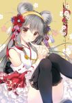  1girl animal_ear_fluff animal_ears bare_shoulders black_legwear brown_eyes chinese_zodiac detached_sleeves eyebrows_visible_through_hair grey_hair hairband haruna_(kantai_collection) kantai_collection long_hair looking_at_viewer mouse_ears nontraditional_miko shigunyan solo thighhighs year_of_the_rat yellow_hairband 