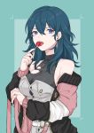  1girl akina_(akn_646) alternate_costume aqua_background aqua_hair bangs bare_shoulders black_nails blue_eyes byleth_(fire_emblem) byleth_(fire_emblem)_(female) candy casual coat collarbone earrings fire_emblem fire_emblem:_three_houses food highres holding holding_food jewelry licking lollipop long_hair long_sleeves nail_polish necklace o-ring off_shoulder open_clothes open_coat open_mouth ring skindentation solo tassel tassel_earrings tongue tongue_out torn_clothes two-tone_background upper_body upper_teeth 