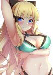  1girl aqua_bikini arm_behind_head arm_up armpits bangs bare_shoulders bikini black_bow blonde_hair blue_eyes blush bow breast_hold breasts cleavage closed_mouth collarbone commentary_request eyebrows_visible_through_hair hair_bow highres kibihimi large_breasts long_hair looking_at_viewer navel o-ring o-ring_bikini o-ring_bottom o-ring_top ponytail princess_connect! princess_connect!_re:dive sasaki_saren simple_background smile solo star stomach sweat swimsuit upper_body very_long_hair white_background 