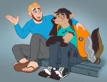  anthro bottomwear canid canine clothing curb footwear hornbuckle human jacket male male/male mammal pants paws sandals shirt shoes sitting topwear torn_clothing transformation were werecanid werecanine werewolf 