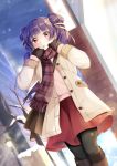  1girl absurdres alternate_costume black_gloves black_legwear commission fire_emblem fire_emblem:_the_sacred_stones gloves highres jacket long_sleeves multi-tied_hair myrrh_(fire_emblem) open_mouth purple_hair red_eyes red_skirt sayumari scarf skirt sky snowing solo tree twintails 
