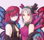  2girls artist_name aryarych blue_eyes breasts cleavage closed_mouth facial_mark fairy_wings fire_emblem fire_emblem_heroes grey_hair hair_over_one_eye highres long_hair medium_hair multiple_girls plant plumeria_(fire_emblem) ponytail purple_hair red_eyes simple_background smile triandra_(fire_emblem) upper_body vines wings 