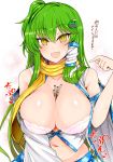  1girl bangs bare_shoulders belly between_breasts bouncing_breasts bra breasts cleavage collarbone detached_sleeves eyebrows_visible_through_hair fang frog_hair_ornament green_hair hair_between_eyes hair_ornament hair_tubes hand_up highres kochiya_sanae long_hair looking_at_viewer motion_lines navel open_clothes open_mouth open_shirt pink_background pointing pointing_at_self roki_(hirokix) scarf shiny shiny_hair shiny_skin shirt skindentation sleeveless sleeveless_shirt smile solo star starry_background sweat touhou underwear very_long_hair white_background wide_sleeves yellow_eyes yellow_scarf 