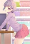  1girl against_table blurry blurry_background blush breasts depth_of_field eyebrows_visible_through_hair from_side holding holding_stylus indoors komone_ushio long_sleeves looking_at_viewer miniskirt open_mouth original pleated_skirt purple_eyes purple_hair purple_sweater red_skirt short_hair skirt small_breasts solo stylus sweater table 