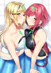  2girls ass bangs bare_shoulders black_swimsuit blonde_hair blush breast_press breasts chest_jewel cleavage collarbone covered_navel earrings gem highres hikari_(xenoblade_2) homura_(xenoblade_2) inflatable_raft jewelry large_breasts long_hair looking_at_viewer multiple_girls nebusoku one-piece_swimsuit parted_lips red_hair red_swimsuit short_hair sidelocks sitting smile swept_bangs swimsuit thighs tiara two-tone_swimsuit wet white_swimsuit xenoblade_(series) xenoblade_2 yellow_eyes 
