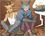  ... 2020 anthro anthro_on_anthro antlers beastars blush border bottomwear brown_body brown_eyes brown_fur canid canine canis clothed clothing cutaway dialogue duo english_text fully_clothed fur grey_body grey_fur hi_res horn inside legoshi_(beastars) louis_(beastars) male male/male mammal pants pictographics shirt sitting speech_bubble tank_top text tommysamash topwear white_border wolf 