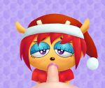  anthro blush bovid caprine christmas clothed clothing duo eyeshadow fellatio female female_focus first_person_view fur hair hat headgear headwear hi_res holidays lammy_lamb looking_at_viewer makeup male male/female mammal oral orange_body orange_fur parappa_the_rapper penile purple_background purple_eyes red_hair santa_hat sex sheep simple_background solo_focus sony_corporation sony_interactive_entertainment sr um_jammer_lammy video_games 