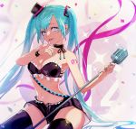  1girl absurdly_long_hair bangs black_bra black_headwear black_legwear black_ribbon black_shorts blue_eyes blue_hair blue_nails bra breasts choker cleavage frilled_bra frills hat hatsune_miku highres holding_microphone_stand killy_doodle long_hair looking_at_viewer medium_breasts micro_shorts microphone_stand midriff mini_hat nail_polish navel ribbon ribbon_choker shiny shiny_hair shorts sitting solo stomach striped striped_bra thighhighs tongue tongue_out twintails underwear very_long_hair vocaloid 