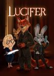  2018 aksis anthro bovid canid canine caprine clothed clothing crossover dawn_bellwether disney eyewear female fennec finnick fox fully_clothed fur glasses green_eyes grey_body grey_fur group holding_gun holding_object holding_weapon inside jacket judy_hopps lagomorph leporid lucifer_(series) mammal nick_wilde orange_body orange_fur pink_nose pose rabbit red_fox sheep standing tan_body tan_fur topwear weapon zootopia 