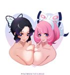  2girls :3 artist_name bangs black_hair blue_eyes bow breast_press breasts butterfly_hair_ornament cleavage collarbone commentary_request cropped_torso crossover forehead hair_bow hair_ornament hairband heart heart_background index_finger_raised kimetsu_no_yaiba kochou_shinobu kurara_(pokemon) large_breasts multiple_girls nude parted_lips patreon_username pink_hair pink_lips pokemon pokemon_(game) pokemon_swsh purple_eyes short_hair symmetrical_docking tofuubear trait_connection upper_body white_bow white_hairband yuri 