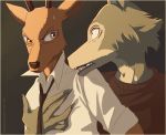  2019 anthro antlers beastars bodily_fluids border brown_body brown_eyes brown_fur canid canine canis cervid clothed clothing duo fur grey_body grey_fur hi_res horn legoshi_(beastars) light lighting louis_(beastars) mammal necktie open_mouth shirt sweat sweatdrop teeth tommysamash topwear wolf 