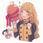  1girl 3boys black_hair blonde_hair boned_meat buttons clenched_hand closed_eyes closed_mouth dimitri_alexandre_blaiddyd drooling felix_hugo_fraldarius fire_emblem fire_emblem:_three_houses food garreg_mach_monastery_uniform gift green_eyes highres holding holding_food ingrid_brandl_galatea long_hair long_sleeves low-tied_long_hair meat multiple_boys open_mouth red_hair ribbon short_hair simple_background smile solo_focus sparkle sylvain_jose_gautier uniform upper_body white_background yumeutux 