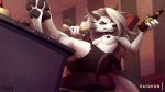  2019 anthro black_nipples bone bottle breasts canid canid_demon clothed clothing collar demon female fur hair hellhound helluva_boss holding_object long_hair loona_(vivzmind) mammal nawka nipples patreon red_sclera signature solo spiked_collar spikes topless white_body white_eyes white_fur 