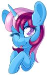  2018 alpha_channel blue_body blue_fur bust_portrait equid fan_character female feral fur hair hi_res horn horn_ring inner_ear_fluff looking_at_viewer mammal meowcephei my_little_pony one_eye_closed parcly_taxel pink_hair portrait purple_eyes simple_background solo tongue tongue_out transparent_background tuft unicorn wink 