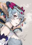  1girl blue_hair blue_lipstick breasts circlet cleavage earrings granblue_fantasy high_collar highres hiranko jewelry large_breasts lipstick macula_marius makeup pointy_ears portrait purple_eyes short_hair signature 
