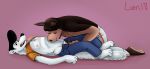  2018 alternate_version_at_source anthro anthro_on_anthro belly black_hair bottomwear buddy_thunderstruck_(character) buddy_thunderstruck_(series) canid canine canis clothed clothing darnell_(buddy_thunderstruck) domestic_dog duo hair hi_res kisses kissing lying male male/male mammal mustela mustelid musteline nipples on_back pants pompadour redo_(artist) romantic_ambiance shirt_up topless underwear unzipping 