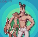  5_fingers anthro anthro_on_anthro bottomwear buddy_thunderstruck_(character) buddy_thunderstruck_(series) canid canine canis clothed clothing convenient_censorship domestic_dog duo fingers hi_res jacket looking_at_viewer male male/male mammal mr._weaselbrat muscular muscular_male mustela mustelid musteline navel pants redo_(artist) smile topless topwear 
