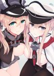  2girls absurdres alakoala aqua_eyes artist_name black_legwear blonde_hair blush breasts capelet dated graf_zeppelin_(kantai_collection) hair_between_eyes hat highres kantai_collection large_breasts long_hair long_sleeves low_twintails military military_uniform multiple_girls nipples pantyhose peaked_cap prinz_eugen_(kantai_collection) purple_eyes sidelocks twintails uniform 