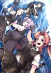  4girls absurdres adapted_turret ahoge bike_shorts black_gloves black_hair black_shorts black_skirt black_vest blue_eyes brown_hair cannon commentary_request cowboy_shot dress dress_lift fingerless_gloves gloves hair_ornament hair_ribbon hairclip highres kagerou_(kantai_collection) kantai_collection kuroshio_(kantai_collection) long_hair machinery multiple_girls oyashio_(kantai_collection) pink_hair pleated_skirt purple_eyes remodel_(kantai_collection) ribbon school_uniform shiranui_(kantai_collection) shirt short_hair short_sleeves shorts shorts_under_skirt skirt torpedo_launcher turret twintails uni_(uni-strain) vest white_gloves white_ribbon white_shirt yellow_eyes 
