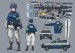  1girl armband badge belt black_footwear blue_eyes blue_headwear blue_jacket boots brown_hair car clipboard commentary_request contrapposto cuffs english_commentary english_text engrish_commentary expandable_baton flashlight full_body genso gloves grey_background ground_vehicle gun hair_bun handcuffs handgun hat holding holster id_card jacket knife latex latex_gloves long_pants long_sleeves magazine_(weapon) motor_vehicle multiple_views original pants pen pistol police police_car police_uniform policewoman ponytail pouch radio_antenna simple_background sports_utility_vehicle standing sweater taser uniform walkie-talkie wallet watch weapon whistle white_gloves wristwatch 