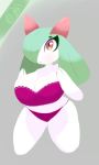  2019 artesjsc big_breasts bra breasts clothed clothing digital_media_(artwork) female green_hair hair huge_breasts humanoid kirlia mammal nintendo not_furry panties pink_bra pok&eacute;mon pok&eacute;mon_(species) red_eyes simple_background solo thick_thighs underwear video_games white_body wide_hips 