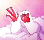  2020 ambiguous_gender anthro bedding blanket feet foot_shot fur lens_flare pawpads paws qutah sergal soles solo wulframite 