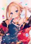  1girl :o abigail_williams_(fate/grand_order) ana_(rznuscrf) arm_up bandaid bangs bare_shoulders black_legwear blonde_hair blue_eyes blush bottle bow breasts candy collarbone commentary_request crossed_bandaids earrings fate/grand_order fate_(series) food head_tilt heart_lollipop jacket jewelry lollipop long_hair looking_at_viewer nail_polish off_shoulder open_clothes open_jacket overall_shorts pantyhose parted_bangs parted_lips pill red_jacket red_nails small_breasts solo star striped striped_background suction_cups tank_top tentacles twintails vertical-striped_background vertical_stripes white_tank_top 