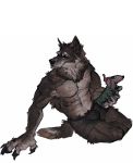  anthro brown_body brown_fur bulge canid canine canis claws clothed clothing fur hi_res male mammal neck_tuft nmvsolidus pawpads plushie simple_background sitting solo topless tuft were werecanid werecanine werewolf white_background wolf 