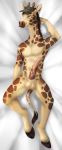  anthro balls brown_spots clothing genitals giraffe giraffid hand_behind_head hat headgear headwear hi_res hooves horn male mammal miraoff mottled mottled_genitalia mottled_penis penis solo spots yellow_body 