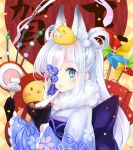  1girl animal animal_ear_fluff animal_ears animal_on_head azur_lane bird black_gloves blue_eyes blue_kimono blush bowl chick chinese_zodiac closed_mouth commentary_request eating floral_print fork frilled_sleeves frills fur_collar gloves hair_rings highres holding holding_bowl holding_fork japanese_clothes kasumi_(azur_lane) kimono long_hair long_sleeves looking_at_viewer manjuu_(azur_lane) mochi new_year obi on_head otogi_kyouka print_kimono sash solo upper_body white_hair wide_sleeves yagasuri year_of_the_rat 