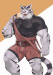  2020 5_fingers abs anthro belt biceps breathing bulge clothing curtis_wuedti felid fingers hi_res looking_at_viewer male mammal muscular muscular_male one_eye_closed pantherine pecs penis_outline smile solo tiger tight_clothing 