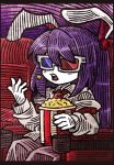  1girl 3d_glasses animal_ears blush_stickers bunny_ears food long_hair long_sleeves movie_theater necktie open_mouth popcorn purple_hair red_neckwear reisen_udongein_inaba shirt sitting solo suenari_(peace) touhou upper_teeth white_shirt 