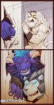  2019 abs alistar_(lol) anthro fangs fur group hi_res jojo&#039;s_bizarre_adventure league_of_legends male muscular muscular_male open_mouth raymond158 red_eyes rengar_(lol) riot_games stephen_king_(copyright) the_shining tongue video_games volibear white_body white_fur 