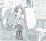  1girl backpack bag blush boots bus_interior buttons cardigan chair day fur grin hair_ornament hairclip high_heel_boots high_heels highres holding idolmaster idolmaster_cinderella_girls leaning_forward long_sleeves looking_at_viewer mikuma_folgore miniskirt monochrome ryuuzaki_kaoru scarf shade short_hair sitting sketch skirt sleeves_past_wrists smile socks_over_thighhighs solo themed_object thighhighs wallet waving window 