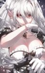  1girl breasts cleavage earrings glass_shards gloves gun handgun highres jewelry kfr large_breasts long_hair maid maid_headdress necktie original pistol red_eyes short_sleeves solo trigger_discipline weapon white_gloves white_hair wiping_mouth 