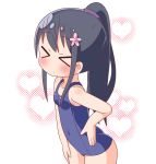  &gt;_&lt; 1girl ass bangs bare_arms bare_shoulders black_hair blue_swimsuit blush breasts cleavage closed_eyes closed_mouth collarbone covered_navel cowboy_shot eyebrows_visible_through_hair facing_viewer flower hair_between_eyes hair_flower hair_ornament hana_kazari hand_on_hip heart highres long_hair one-piece_swimsuit pink_flower ponytail school_swimsuit shirosaki_hana small_breasts solo swimsuit very_long_hair watashi_ni_tenshi_ga_maiorita! white_background 