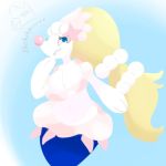  1:1 2019 anthro artesjsc blonde_hair blue_eyes breasts digital_media_(artwork) female hair mammal marine nintendo pok&eacute;mon pok&eacute;mon_(species) primarina shiny_pok&eacute;mon solo teeth text video_games 