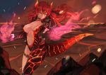  breasts collar dola_(nijisanji) fire horns long_hair looking_at_viewer navel red_eyes red_hair tail 