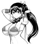  1girl bangs bead_necklace beads bikini bikini_top black_hair blush breasts cleavage earrings fate_(series) greyscale hair_between_eyes jewelry kanno_takanori large_breasts long_hair looking_at_viewer monochrome necklace smile solo swimsuit xuanzang_(fate/grand_order) 