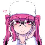  1girl bleach closed_mouth commentary_request dokugamine_riruka glasses hanya_(hanya_yashiki) hat long_hair looking_at_viewer nail_polish purple_eyes purple_hair simple_background smile solo twintails white_background 