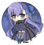  1girl :t artist_name bangs black_jacket blue_bow blue_eyes blush bow chibi closed_mouth commentary_request eyebrows_visible_through_hair fate/grand_order fate_(series) full_body hair_between_eyes hair_bow jacket long_hair long_sleeves looking_at_viewer meltryllis popo_(popopuri) pout purple_hair signature sleeves_past_fingers sleeves_past_wrists solo spikes very_long_hair 